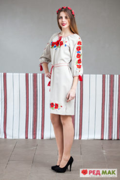 Сіре вишите плаття з маками та волошками 