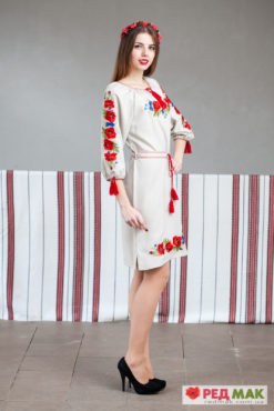 Сіре вишите плаття з маками та волошками 