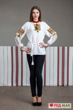 Біла сорочка з яскравою геометричною вишивкою 