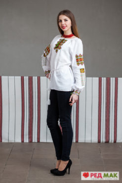 Біла сорочка з яскравою геометричною вишивкою 