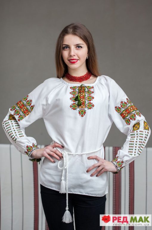 Біла сорочка з яскравою геометричною вишивкою "Американка"