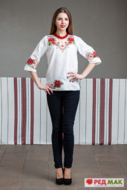 Біла сорочка з червоною квітково-геометричною вишивкою