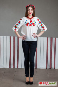 Біла шифонова сорочка з вишивкою польових квітів "Квіткова поляна"