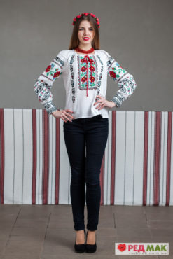 Біла сорочка з червоними маками та чорним орнаментом "Магія"