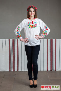 Біла підліткова сорочка з різнокольоровими квітами "Веснянка"