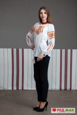 Біла шифонова сорочка з терракотовою вишивкою