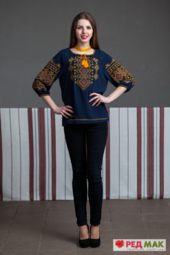 Синя вишита сорочка з жовтою геометричною вишивкою "Золото Карпат"