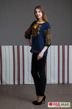 Синя вишита сорочка з жовтою геометричною вишивкою 