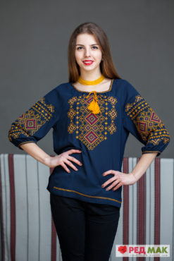 Синя вишита сорочка з жовтою геометричною вишивкою 